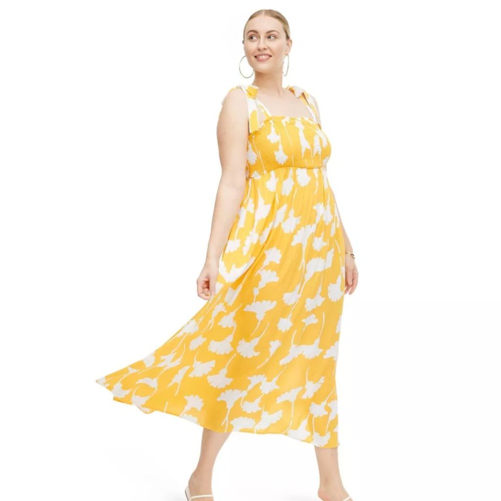 DVF Diane Von Furstenberg x Target Smocked Tie Strap Yellow Ginkgo Midi Size L